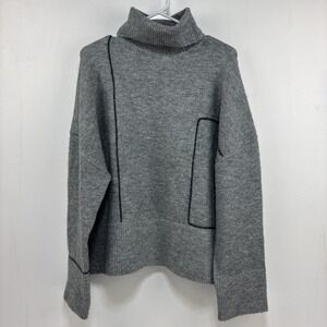 Zara Womens Oversized Boxy Gray Knit High Collar Sweater‎ Contrast Piping Size L